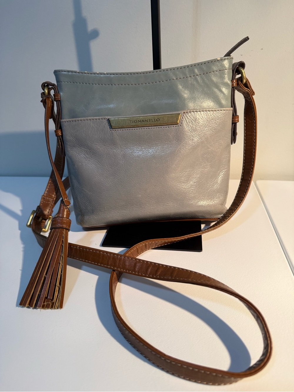 Tignanello Brown and Grey Crossbody Bag / Purse w/ Adjustable Strap